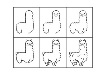Alpaca. Step by step drawing. Coloring page, coloring book page. Black and white vector illustration.