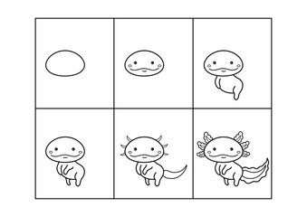 Axolotl. Step by step drawing. Coloring page, coloring book page. Black and white vector illustration.