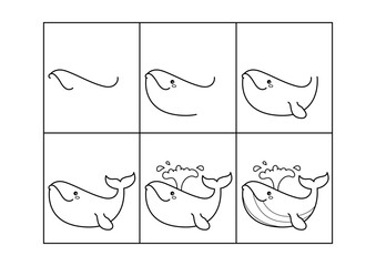 Whale. Step by step drawing. Coloring page, coloring book page. Black and white vector illustration.
