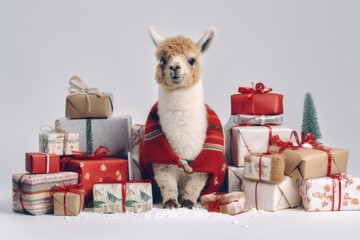 baby Alpaca llama with Xmas Gifts, white backdrop. Merry christmas and happy new year greeting card or poster