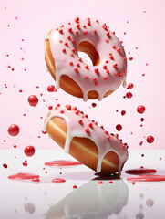 Levitation of sweet donuts with glaze and pink sprinkles on pink background