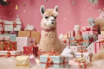 Selbstklebende Fototapeten baby llama with christmas presents in pink background © gankevstock