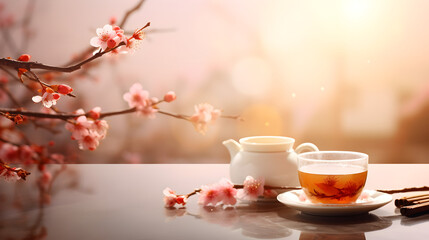 cup of tea with flowersTea set cherry blossom branches wooden table Outdoor breakfast picnic brunch spring mood Soft focus
