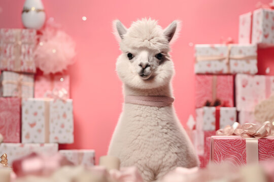 baby Alpaca llama with Xmas Gifts, pink backdrop. Merry christmas and happy new year greeting card or poster