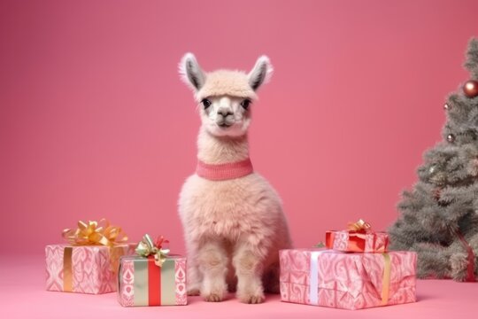 small baby Alpaca llama with Christmas Gifts in Winter season, pink background, perfect for greeting card, cover, print