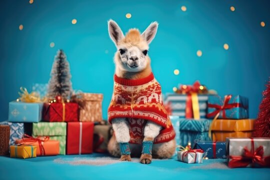 baby Alpaca llama with Xmas Gifts, blue backdrop. Merry christmas and happy new year greeting card or poster