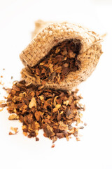 Dried green tea in large quantities with fruit pieces, delicious and fragrant green tea with a pleasant aroma