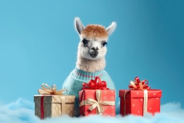 baby llama with christmas presents in blue background