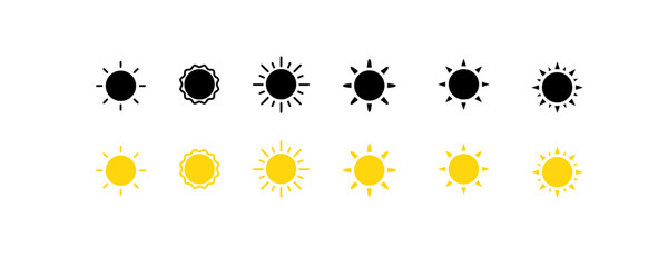 Sun icons. Different styles, yellow sun set for design, sun icons. Vector icons