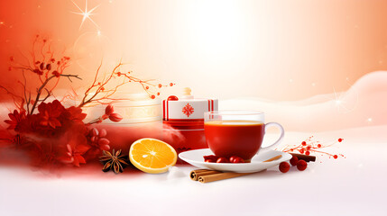 Naklejka na ściany i meble cup of tea with lemon and cinnamon english cake and tea tea in small cup on table