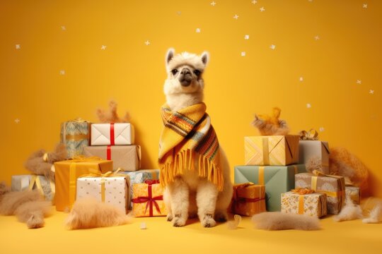 baby Alpaca llama with Xmas Gifts, yellow backdrop. Merry christmas and happy new year greeting card or poster