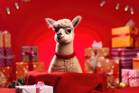 baby llama with christmas presents on red background
