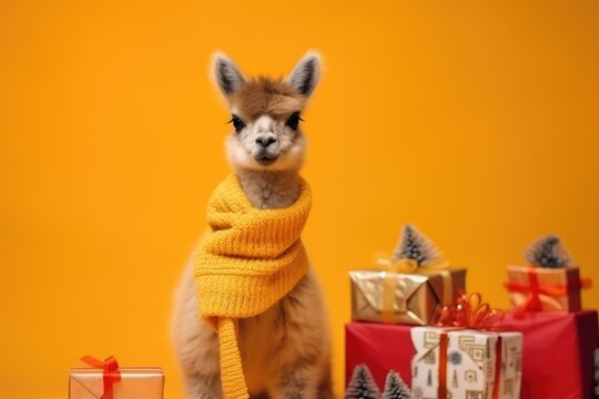baby Alpaca llama with Xmas Gifts, yellow backdrop. Merry christmas and happy new year greeting card or poster
