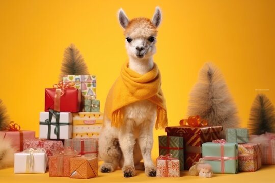 small baby Alpaca llama with Christmas Gifts in Winter season, yellow background, perfect for greeting card, cover, print