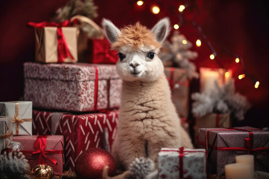 small baby Alpaca llama with Christmas Gifts in Winter season, red background, perfect for greeting card, cover, print