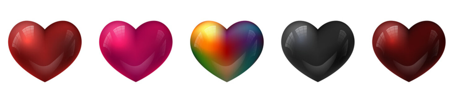 Glossy red 3d heart set isolated on transparent background. Valentine's Day love icons set. Red, pink, black and rainbow color heart icon. Romantic PNG illustration