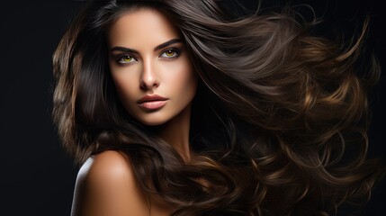 Naklejka premium Beautiful female face with powerful silky hair and chic hairstyle. Perfect image of a beautiful brunette woman. Feminine image of natural beauty. Illustration for beauty and fashion magazine.