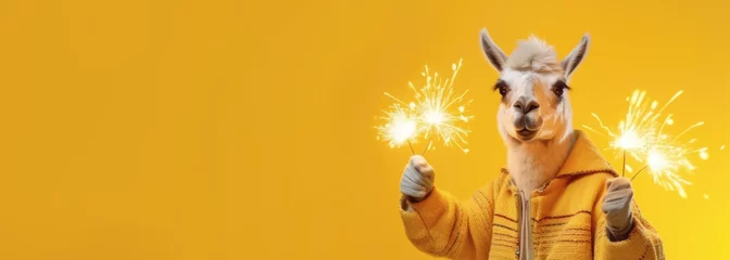 Poster Celebrating Alpaca Llama holding Sparklers in paws on yellow background, celebrating event party poster, print, card design © gankevstock