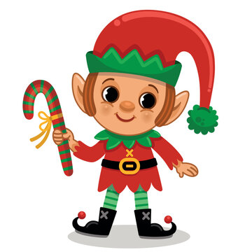 Cartoon cute Christmas elf presenting a candy cane. Vector illustration.