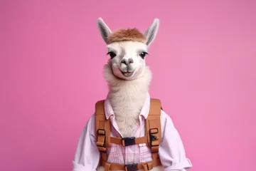 Foto op Plexiglas Alpaca Llama pupil Back to School with backpack on pink background, Ready for learning © gankevstock