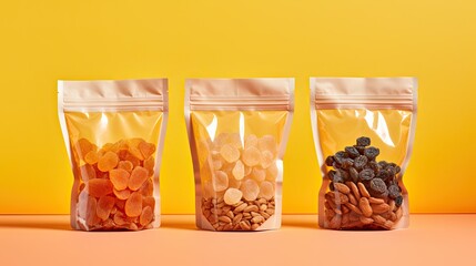 Transparent zip bags with dried fruits and nuts on an orange background. - obrazy, fototapety, plakaty