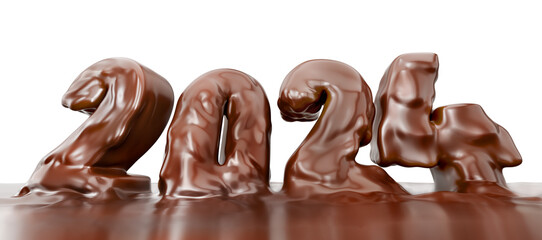 3d render inscription 2024 is made of melted chocolate