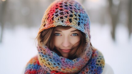 A young woman covers her head with a colorful knitted veil.
