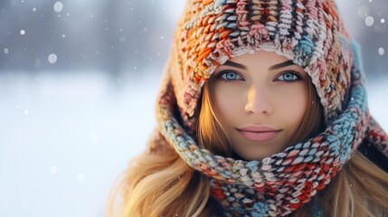 A young woman covers her head with a colorful knitted veil.