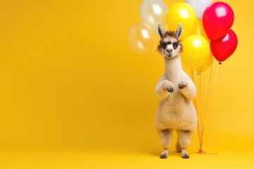 Fototapeta premium Llama with Balloons on a Vibrant Yellow Background, party event greeting card, print for poster