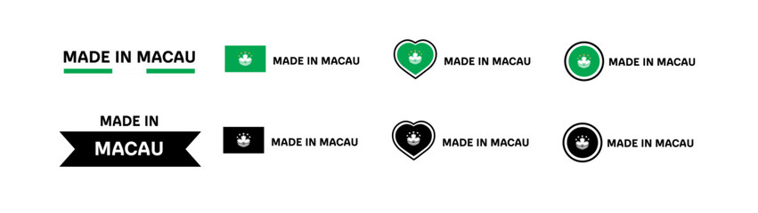 Made in Macau flag icons. Different styles, Made in Macau flag in square, heart, circle icons. Vector icons