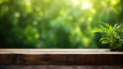 Empty wooden table on blur abstract green from garden in the morning background.For montage product display or design key visual layout