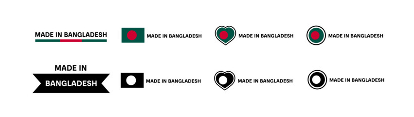 Made in Bangladesh flag icons. Different styles, Made in Bangladesh flag in square, heart, circle icons. Vector icons