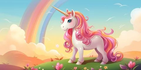 Tuinposter Unicorn gracefully positioned on a rainbow, © CraftyImago