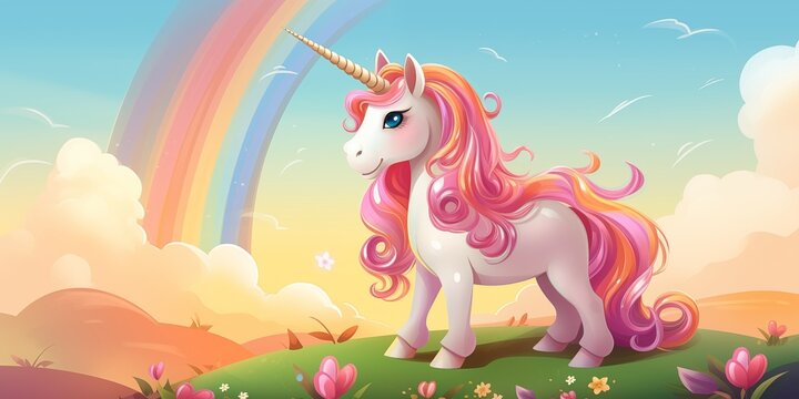 Unicorn gracefully positioned on a rainbow,