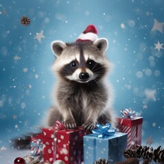 Fototapeta na wymiar Raccoon with Christmas Gifts in Winter Wonderland, blue tones background, perfect for greeting card, cover, print