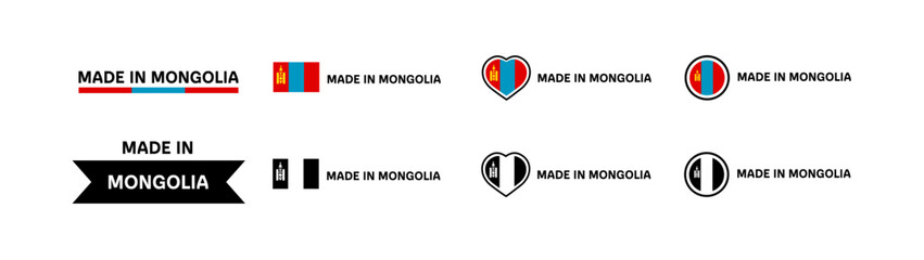 Made in Mongolia flag icons. Different styles, Made in Mongolia flag in square, heart, circle icons. Vector icons