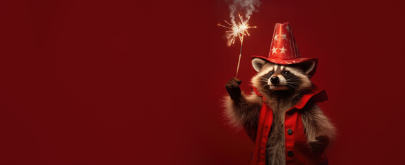 cheerful raccoon holding a sparkler against a vibrant red background, ready for festivities, greeting card print design