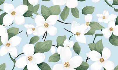 Fototapeta na wymiar Dogwood Harmony: Vector Seamless Pattern with Leaves and Blossoms.