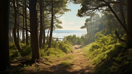 Naklejka premium The quiet splendor of a coastal pine forest in the littoral zone, with views of the distant sea.