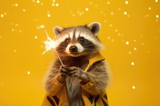 cheerful raccoon holding a sparkler against a vibrant yellow background, ready for festivities, greeting card print design
