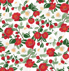  Vector illustration of seamless floral pattern decorated with Camellia flowers. 	