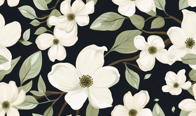 Dogwood Harmony: Vector Seamless Pattern with Leaves and Blossoms.