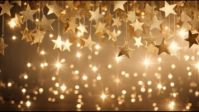 Animation of golden stars on strings and bokeh
