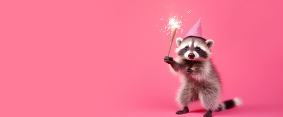 Fototapeta na wymiar cheerful raccoon holding a sparkler against a vibrant pink background, ready for festivities, greeting card print design