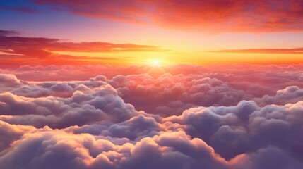 Beautiful sunset sky above clouds with dramatic light. Cabin view from airplane - obrazy, fototapety, plakaty