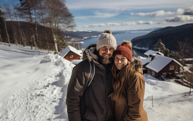 Portrait of couple standing in the winter village