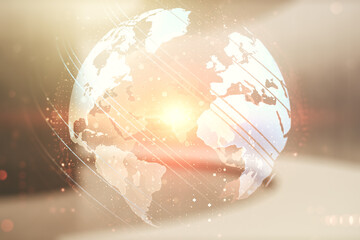 Double exposure of abstract digital world map on empty modern office background, research and strategy concept