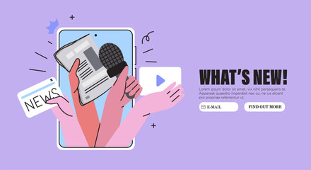 Hands with loud speaker, share or broadcast latest or hot news, livestream. Break for news feed during working hours. Vector graphic style illustration for web or social media banner, ui, app.