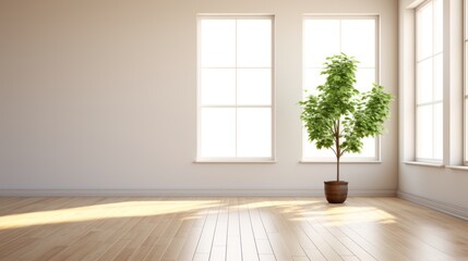Empty bright room with window and plants in pots.