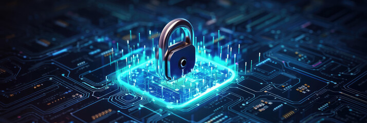 E secure connection or cybersecurity service concept of computer motherboard closeup and safety lock with login and connecting verified credentials as wide banner design 
